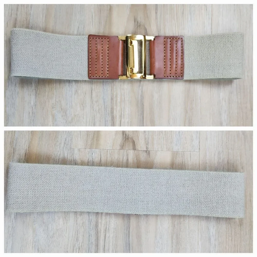 💜Tan w/Gold Toned Interlocking Buckle Wide Elastic Belt